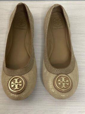 Tory Burch Gold Glitter Logo Round-Toe Ballet Flats